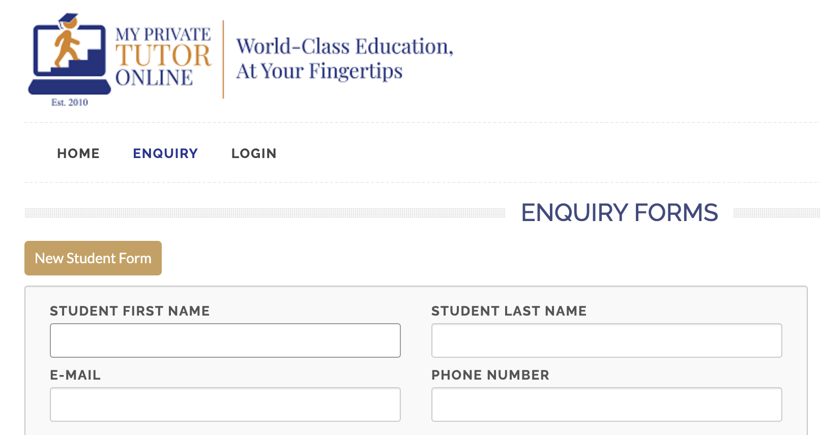 Screenshot of My Private Tutor Online enquiry form on Bizstim platform showing student details form with fields for first name, last name, email and phone number
